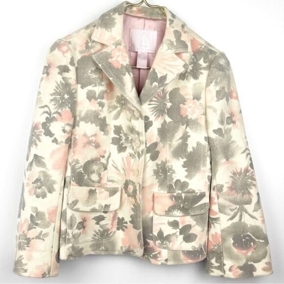 Rebecca Taylor Wool Gray Pink Floral Blazer Single Breast Coat 4 - Picture 1 of 7